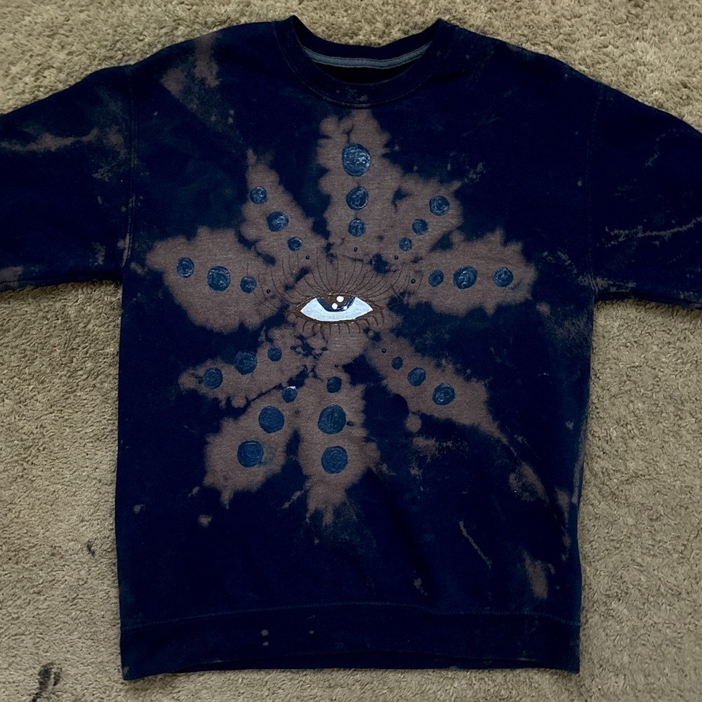 Navy Blue and Brown Flower with Eye Trippy Tie-Dye Sweatshirt Size M